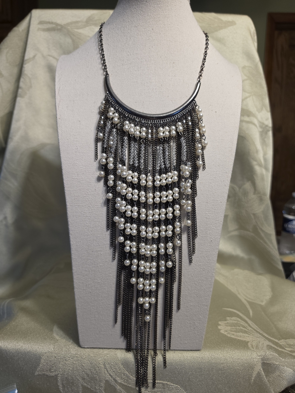 #1219 Statement Faux Pearl Fringe Necklace - Silver-Tone